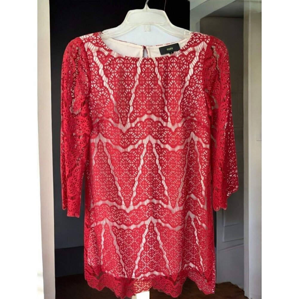 Maia Womens Designer Red Lace Scalloped Edge Shift Dress Lined Crochet NEW 2 - Picture 10 of 10